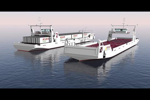 ASKO’s two 67m long ‘autobarges’ will connect the ports of Moss and Horten, replacing 150 daily truck runs. Image: ASKO Maritime.